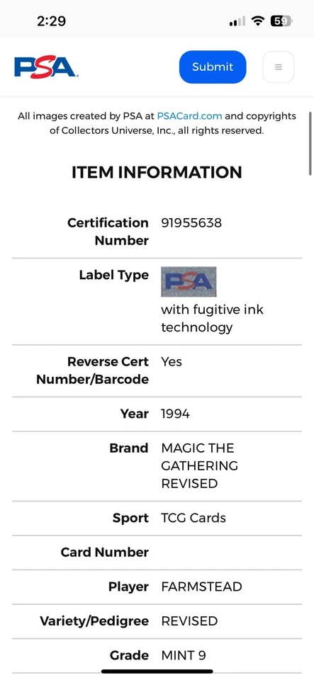 FARMSTEAD Revised 1994 Magic The Gathering MTG PSA 9 MINT TCG 🔥Reserved List🔥 - Image 4 of 4