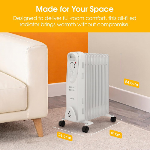 9 Fin Oil Filled Radiator 2000W Portable Electric Heater in White with 3 Heat Se