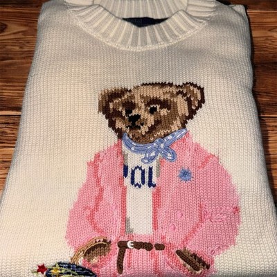 Polo Ralph Lauren Pink Bear Cream White Pullover Sweater Size M