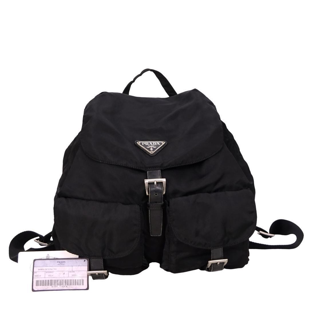 PRADA Backpack Triangle Logo Black Nylon Leather Silver B2811F Backpack Daypac