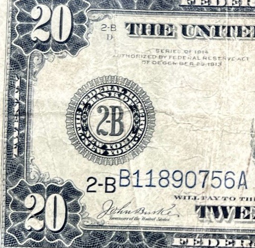 1914 $20 Large Size Blue Seal Federal Reserve Note 2-B New York, NY US Currency