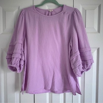 Jodifil Blouse Sz Small Lavender 100% Cotton Tiered Long Sleeve Boho Cottage