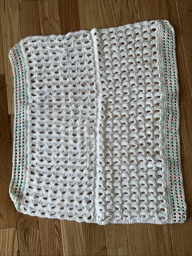 Handmade Crochet Baby Afghan White Shimmery Pastel Edge 28”x28” Sqare Delicate - 第 4/5 張圖片