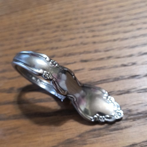 Bent Spoon Ring, Silver Tone Metal, Floral Pattern Metal Handle