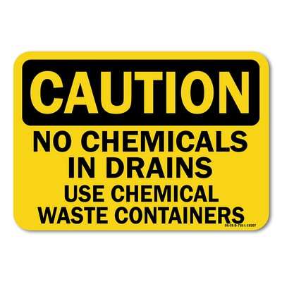 No Chemicals In Drains Use Chemical Waste Containers ANSI Caution Sign Metal