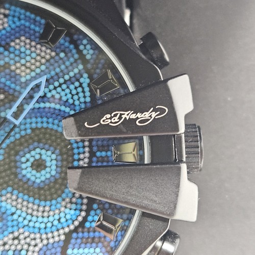 Men's Ed Hardy Watch - Blue Skull - Black Silicone Adjustable Strap - Picture 5 of 10