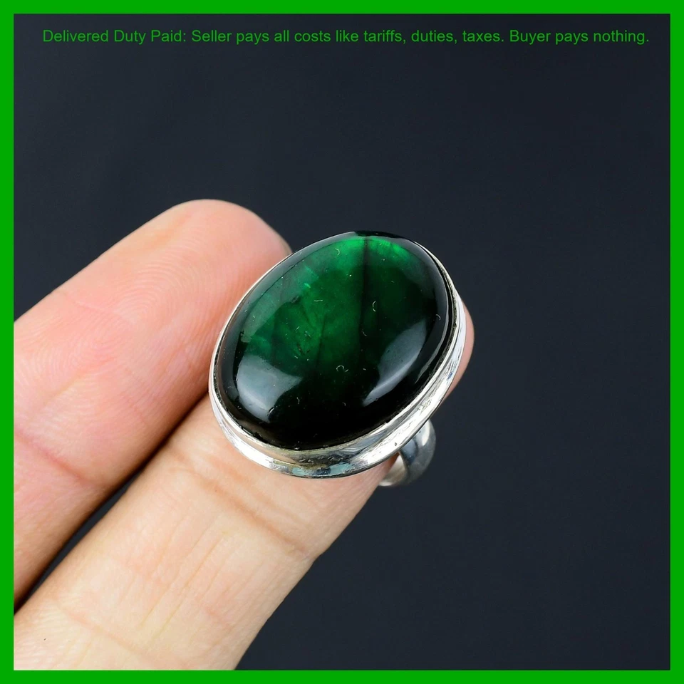 Anillo bisel solitario étnico piedra labradorita fuego verde ovalado joyería plata 925 Foto 3 de 4