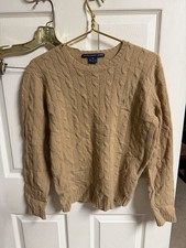 Vnt 90s Ralph Lauren Sports Lambswool Sweater Women Med Tan Cable Knit Hole 40w