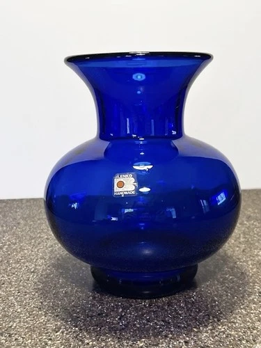 BLENKO Vintage Cobalt Blue Art Glass Vase Hand-Blown 9” Original Sticker