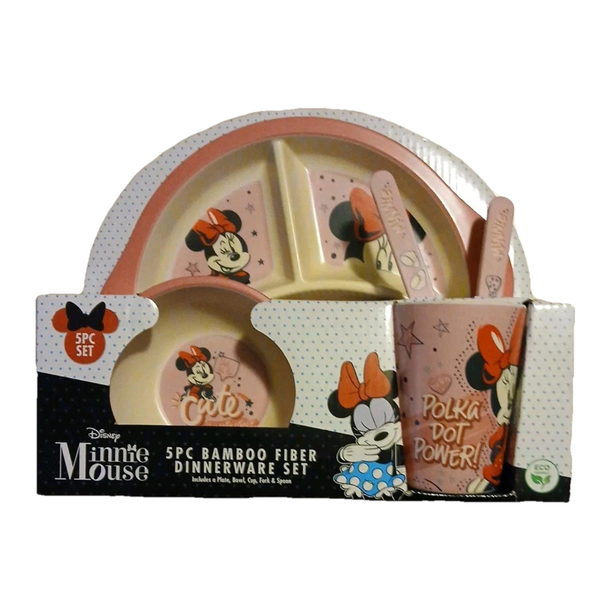Disney Minnie Mouse Polka Dot Power 5pc Bamboo Fiber Dinnerware Plate Bowl Set