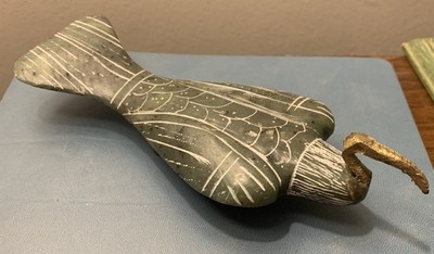 Egyptian Ibis Bird Figurine Carved Green Soapstone with Brass Head & Legs