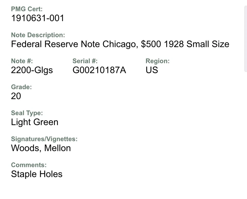 20 PMG 500 Dollars 1928 United States Banknote Chicago # 2200-Glgs - Image 3 of 4