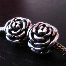 2PCs Silver Rose Flower Charm Beads For All European Style Charm Bracelets