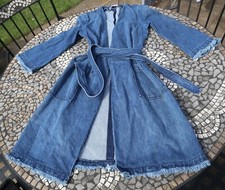 Stefanel Vintage Y2k Denim Coat Jacket Small S 10 Belted Frayed Hem Trench