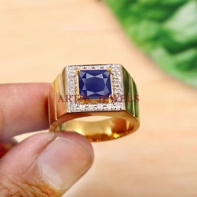 Bague Pour Homme En Argent Sterling 925 Plaqué Or Avec Saphir Bleu Chauffé #5131 - Photo 1/4