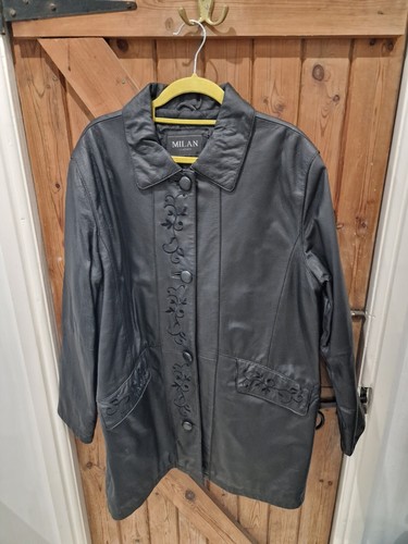 Vintage Ladies Milan Leather Black Floral Embroidered Coat Jacket Size 14