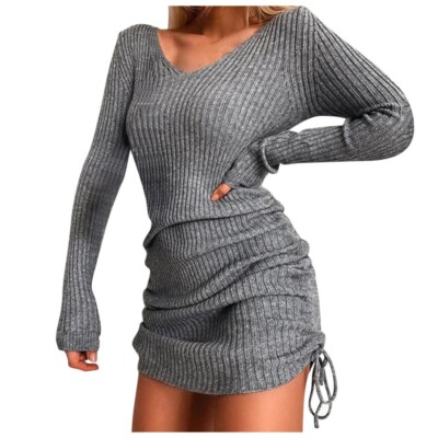 Autumn Solid Knit Sweater Dresses for Women Long Sleeve Drawstring Mini Dress | eBay Autumn Solid Knit Sweater Dresses for Women Long Sleeve Drawstring Mini Dress | eBay