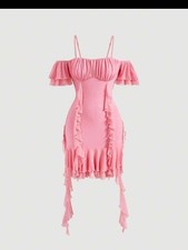 Cold Shoulder Ruffle Trim Ruched Bust Two Layered Hem Dress Pink Size XS NWT