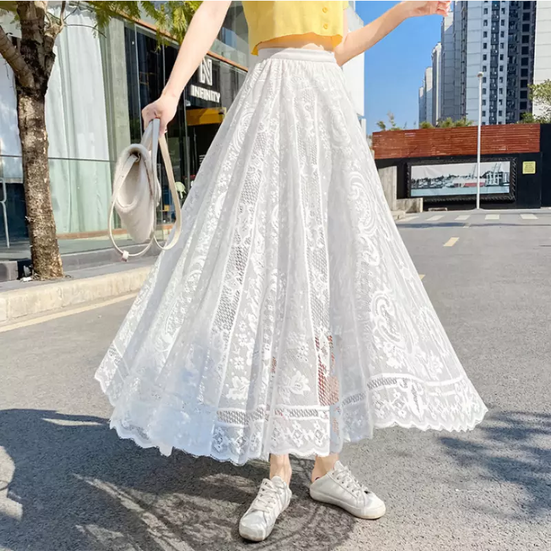 Women Lace Long Skirt Hollow Out Big Swing A-line High Waist Sheer