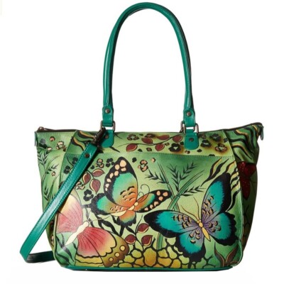 Anna by Anuschka Handpainted Leather Large Tote Animal Butterfly Green Gorgeous