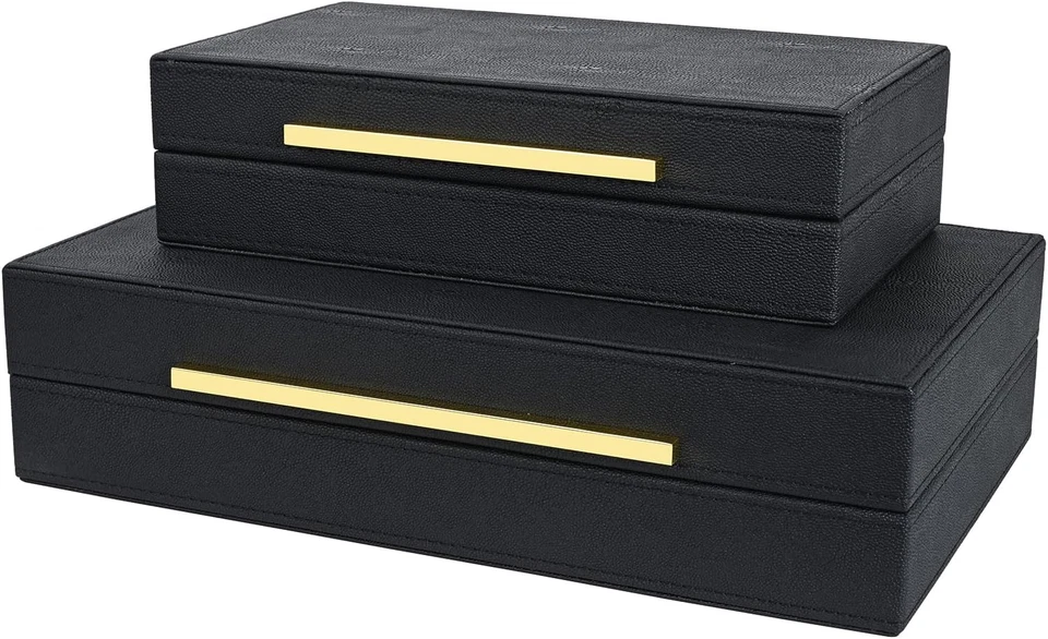 Black Shagreen Box Set of 2 Faux Leather Decorative Boxes,Large Nesting Storage - Image 2 of 4