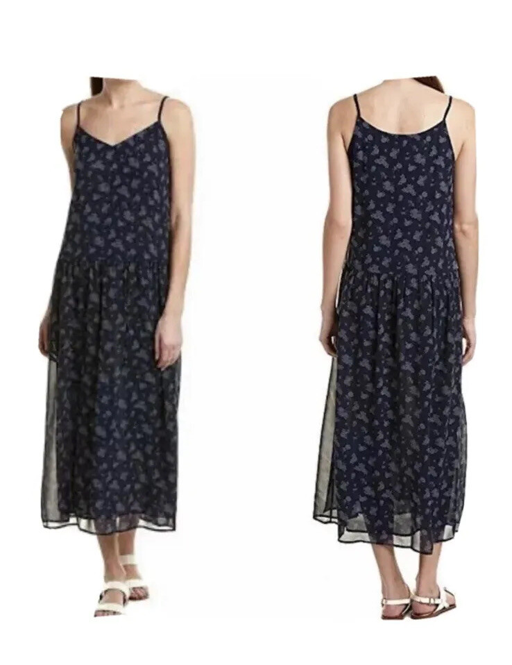 vince navy silk dress VINCE Silk Dress Navy Blue Floral Print Tank Drop Waist NEW $425 Small