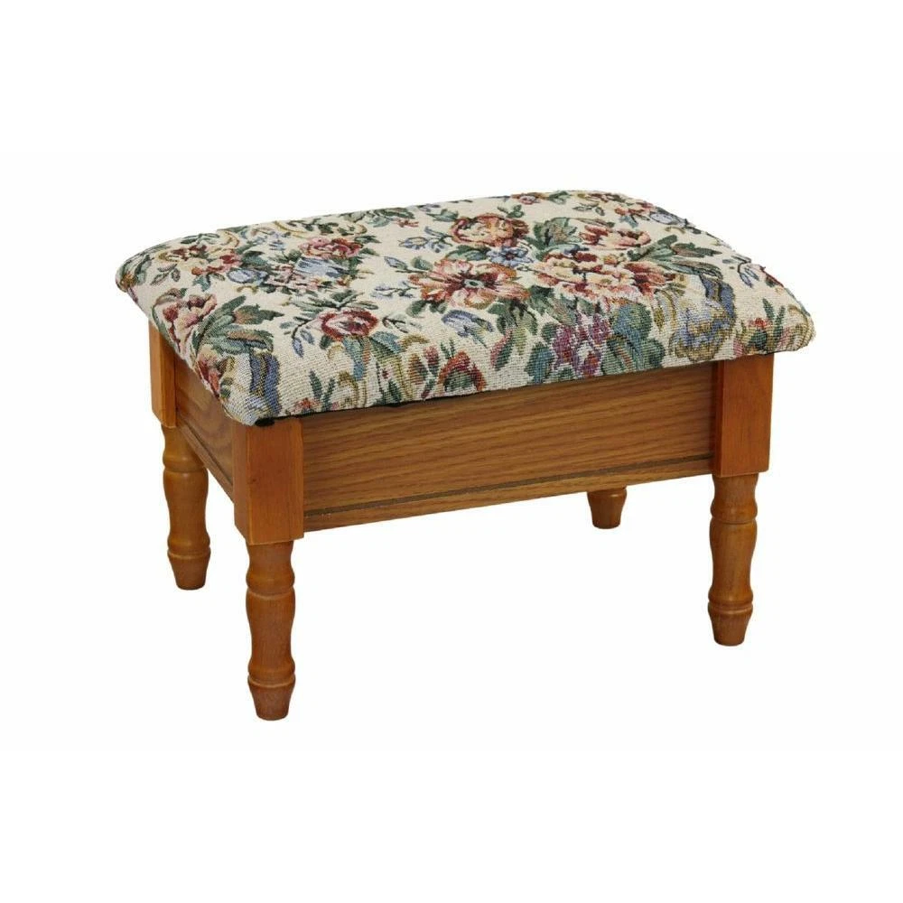 Vintage Wooden Foot Stool Storage Padded Ottoman Oak Finish