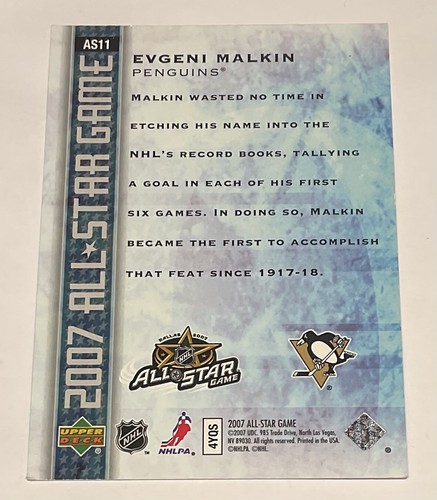 2007 Evgeni Malkin All Star Game Card Upper Deck 0300/1000 AS11 - Picture 2 of 2