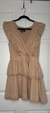 Lulus Womens M Beige Peplum Dress Mini Ruffles V Neck Cap Sleeve 100% Cotton