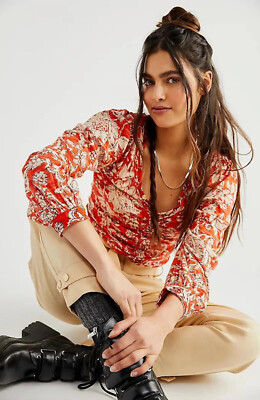 Free People Say The Word Floral Print Ruby Red Ruched Top Long Sleeve Blouse M