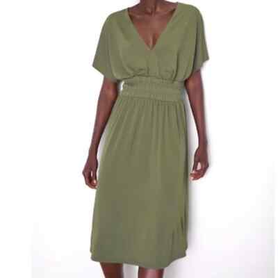 zara midi dress with elastic waist Zara Khaki Green Elastic Waist Stretch V Neck Midi Dress L