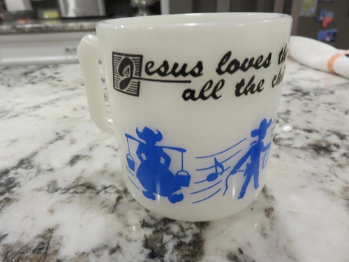 VTG Hazel Atlas 3" Milk Glass Mug "Jesus Loves the Little Children" Prayer EUC