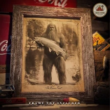 Vintage Sasquatch Bigfoot Art Print Brown Trout Fly Fishing Cabin Wall Decor