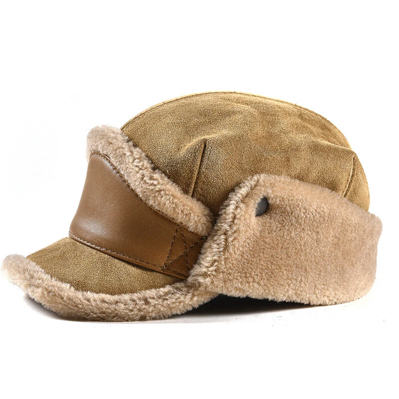 Men Real Leather Sheepskin Trapper Ear Flap Caps Outdoor Warm Thick Aviator Hats