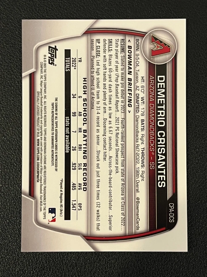 Demetrio Crisantes 2023 Bowman Chrome 1st Auto Diamondbacks - Image 2 of 2