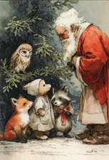 Grußkarte * Kunstlerkarte * Weihnachten * Vintage-Weihnachtsmann mit Waldtieren