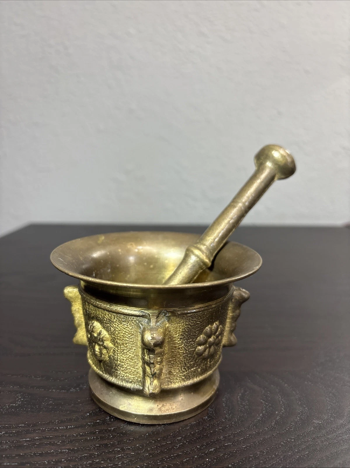Vintage Bronze Mortar and Pestle Face And Flower Rare Heavy Collectible