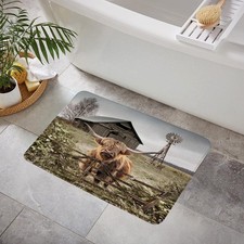 Highland Cow Bath Mat Rustic Farmhouse Animals Funny Cute Cattle Bull Vintage...