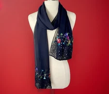 Vintage Cejon Black Floral Sequin Evening Scarf  Holiday Formal Chiffon Women’s