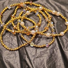 Gold Tone Stackable Beaded Bracelet White Fau...