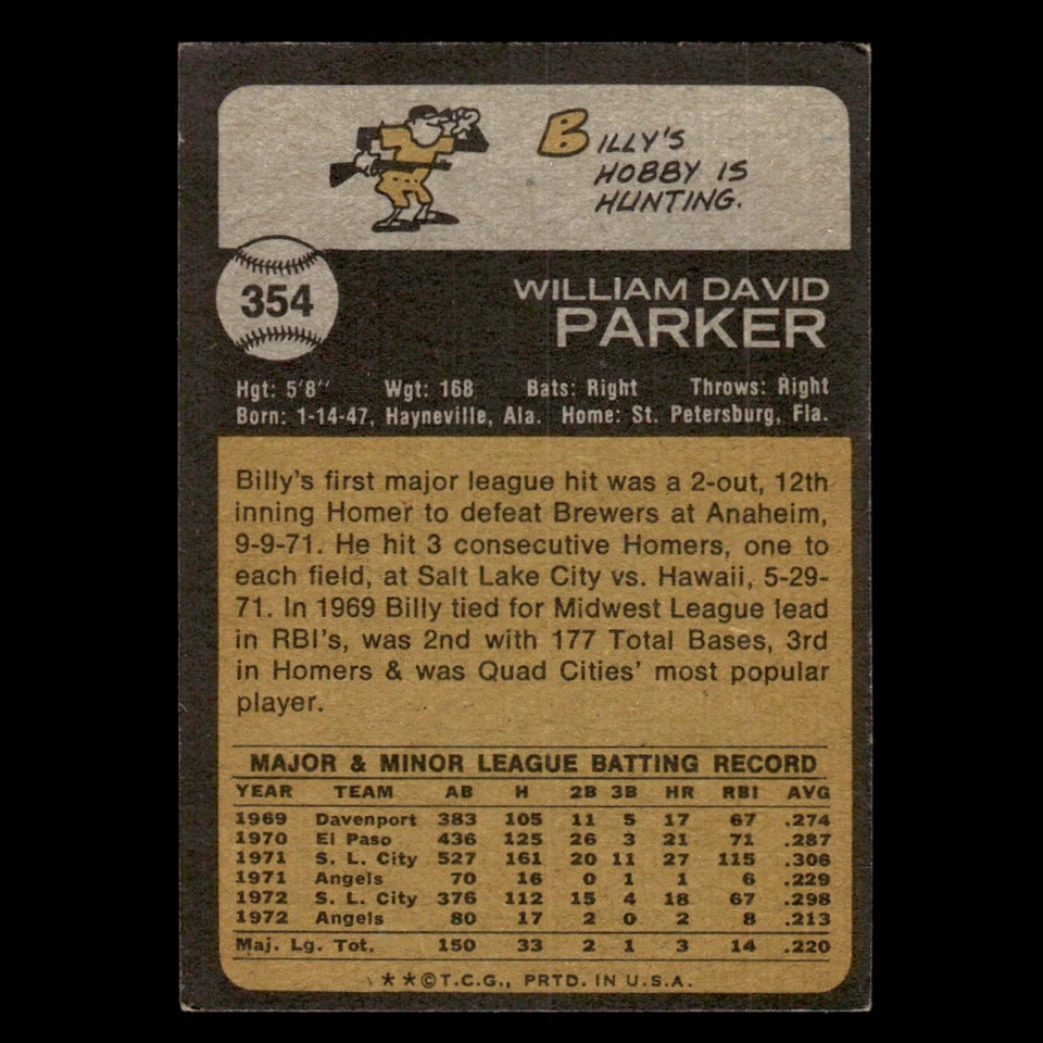 Billy Parker #354 1973 Topps California Angels Baseball Card MLB EX - Image 2 of 3