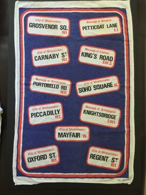 London Tea Towel Street Signs Piccadilly Mayfair Oxford Carnaby cotton vintage