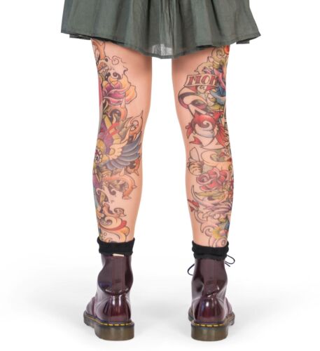 Wild Rose Ladies SALVATION Tattoo Leggings Tan Mesh Red Rose Black Water - Picture 2 of 7