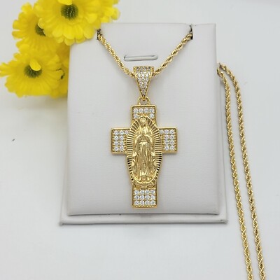 14K Gold Plated Our Lady - Virgen Guadalupe Cross Pendant & Chain. Oro ...