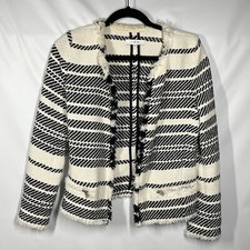 IRO Cream Black Tweed Knit Woven Fringe Edge Open Front Jacket Blazer 38 M Boho