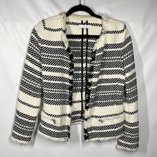 IRO Cream Black Tweed Knit Woven Fringe Edge Open Front Jacket Blazer 38 M Boho