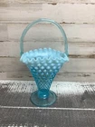 Fenton Glass 9" Blue Opalescent Hobnail Basket