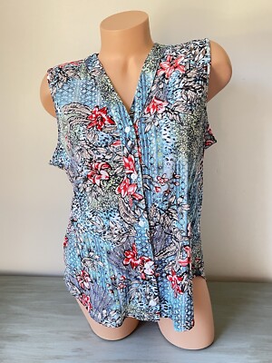 Coastal Floral Top V Neck XL XLP Button Up Spring Summer Blouse Coral Blue Green
