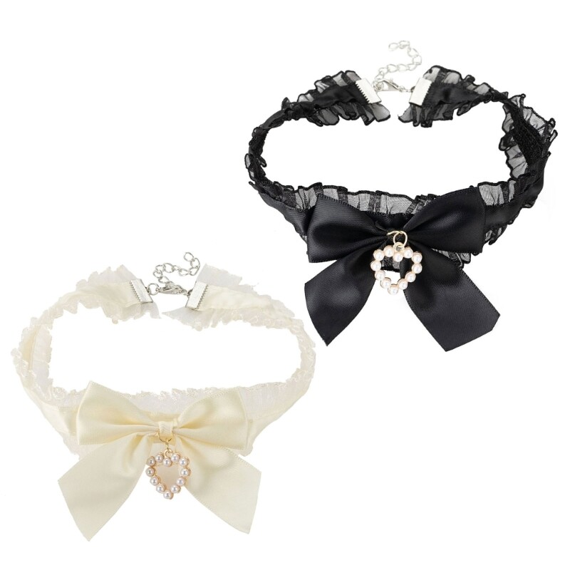 Eye Catching Bowknot Necklace Choker Pearls Heart Pendant Clavicular Chain