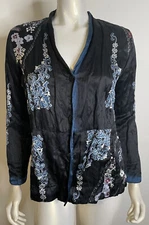 Citron Black Blue Silk Jacket M Asian Influence Cherry Blossoms Cheongsam